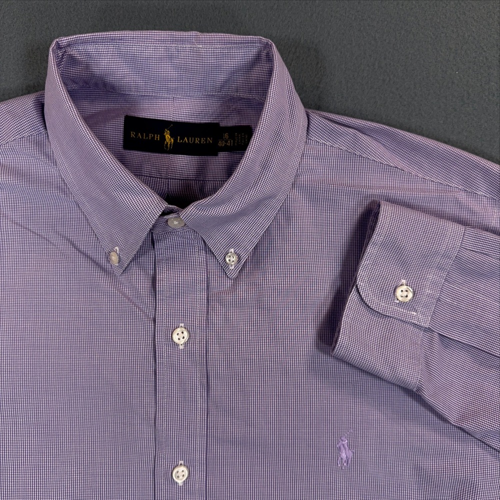 Ralph Lauren Mens Purple Micro Check Button Down Dress Shirt Size 16 40-41